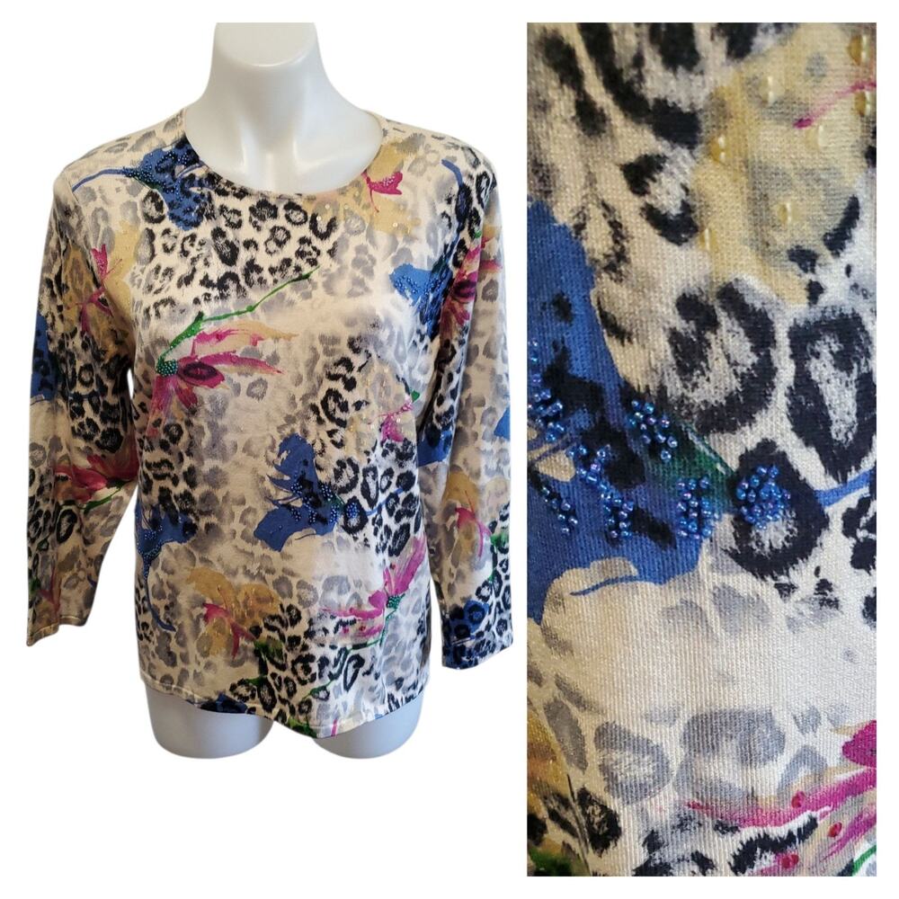 Nancy Bolen City Girl Top Med Y2K Glam Leopard Floral Sequin Knit Beaded Sweater
